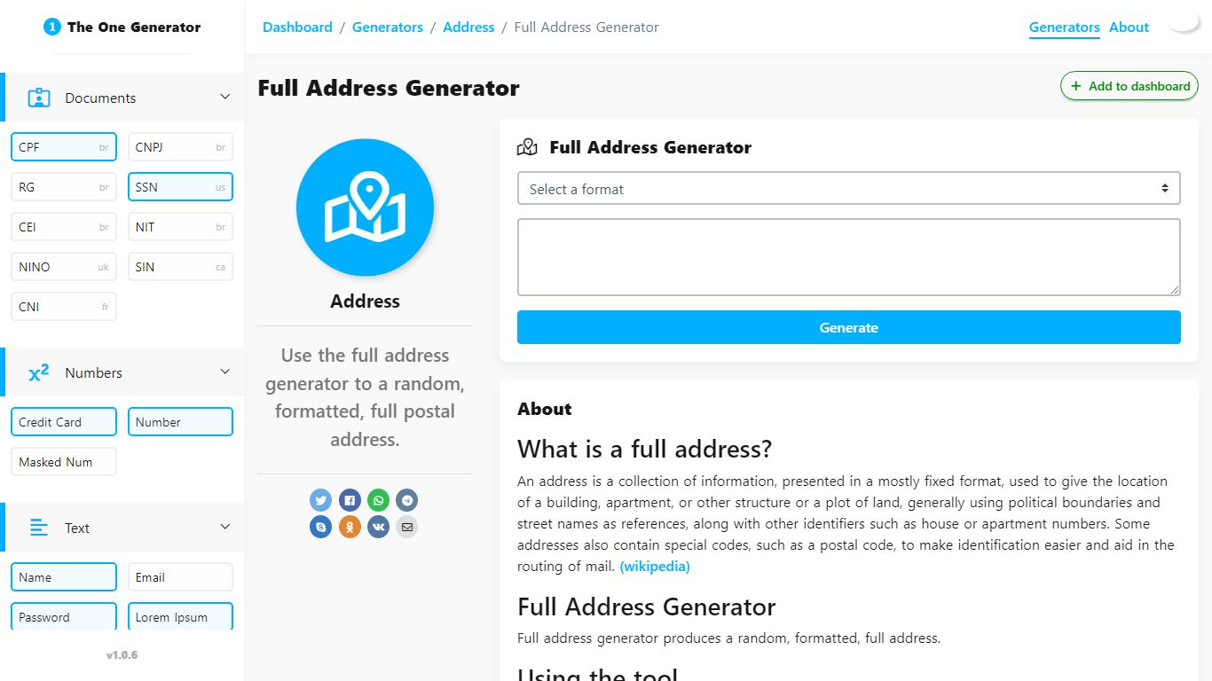 Full Address Generator | The One Generator